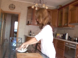 Skinny Cooking Cutie Darien Pours Batter On Herself In The Kitchen!