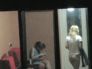 Brunette And Blonde Girls Voyeured Through Hostel Window