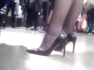 Hot Candid Black Pantyhose Heels Shopping