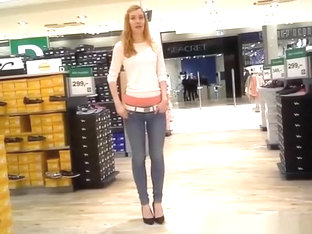 Girlfriend In Tight Jeans Pants Trying New Shoes