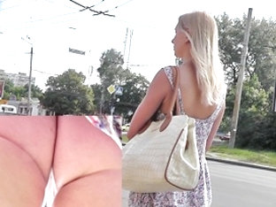 Sassy golden-haired in outdoor upskirt vid