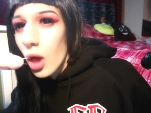 Possessed Goth Tranny Trap Sucks 3 Cocks Sloppy Bukakke Deepthroat Footjob