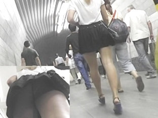 Blond gal legal age teenager up petticoat on escalator