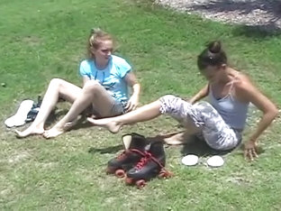 Two Girls Sprain Feet In Skater Tube Socks