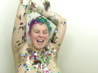 Chubby Girl Rubs Down In Oil & Confetti
