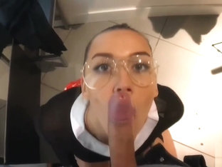 Public Blowjob In A Clothing Store. A Young Baby With Glasses Swallows Cum.