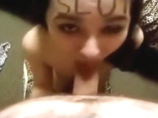 Girl With 'slut' Written On Her Forehead Sucks Cock And Spits Out The Cum