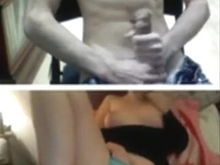 Brunette watches a guy jack off online and gets in the mood