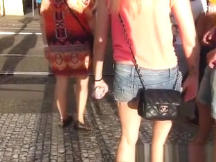 Girl In Denim Shorts Waiting For Crossing Road