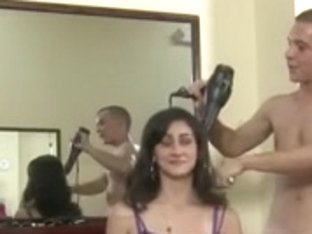 One Guy Enjoying Sex With 3 Babes In Public Barbershop