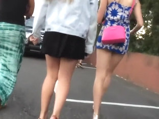 Slow motion walk with beauties in short skirts