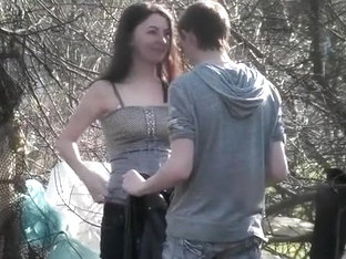 Skinny girl pees in the woods with her boyfriend