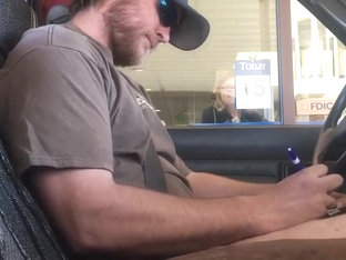 Horny guy bustin a nut at the bank hands free public cum