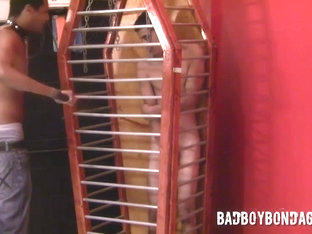 Black top whipping torment twink in cage and softcore BDSM bondage