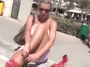 Incredible blonde bombshell flashing and sucking cock in public