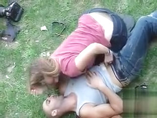 Voyeur handjob video of German lovers in the grass