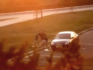 Unaware cutie pisses on the parking lot