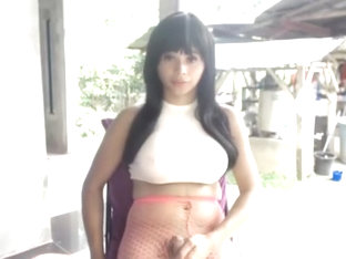 Fishnet Hottie Cock Playing Outdoors