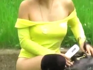 Busty Asian In A Yellow Shirt Skirt Sharked In The Park