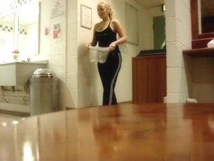 Pretty blonde takes a piss into the nylon bag