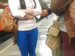 Blue Leggings Brunette Girl At Metro