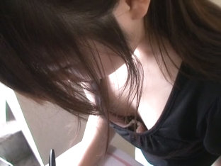 Friendly Asian Downblouse On Flat Chest While She Writes And Giggles