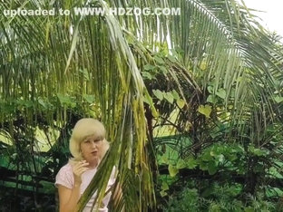 Raining Half Nude Blonde Slut Smoking In Garden Outdoor