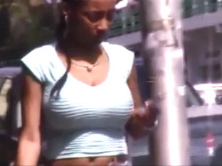 Candid Boobs: Slim Busty Black Women Blue Tops 1