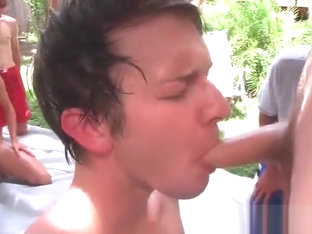 Gay orgy with student giving BJ in close-up