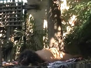 Brunette Girl With Small Tits Fingers Her Shaved Pussy On A Sheet In Nature And Moans