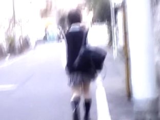 Cute Asian School-babe Skirt Sharked By A Passerby.