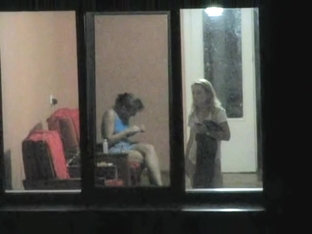Brunette And Blonde Girls Voyeured Through Hostel Window