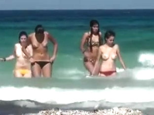 Topless Girls Running In The Water