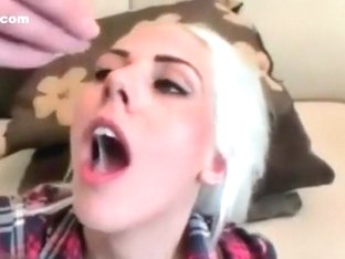Non-Professional UK golden-haired angel plays with cum and eats it