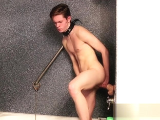 Young emo twink busted in the shower lays down and jacks off