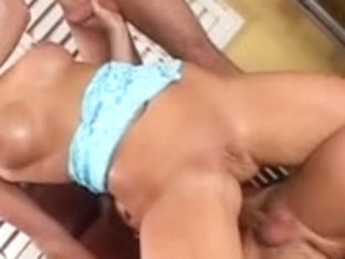 Blond with ideal titties takes 2 dicks