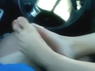 Non-professional Gal  Gives An Astounding Footjob T Her Bf In The Car