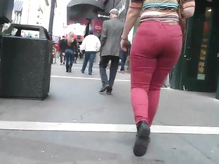 Blonde PAWG in tight red jeans on the street