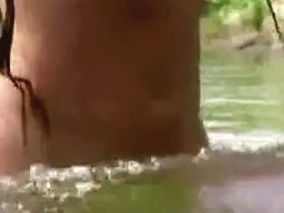 Delicious golden-haired wife is caught on movie scene by his lusty husband in a public lake