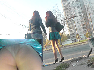 Couple of ardent girls participates in upskirt videos