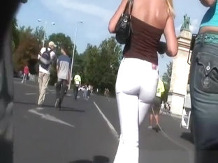 Blonde girl with nice ass in tight pants