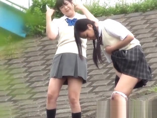 Outside Pissing Competition With Two Young Japanese Pupils