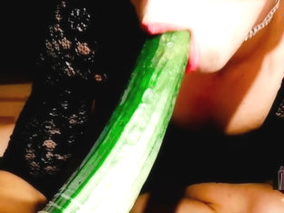 Self-Facial of Feminine Sissy Trap Teen and Playing with Huge Cucumber