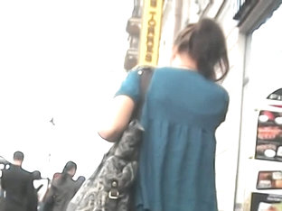 Upskirt Pretty Brunette In Town, Wearing Pantyhose And Laced Undies
