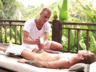 Tattoo twinks footjob with massage