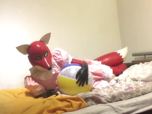 Rubber fox maid plays with beach ball