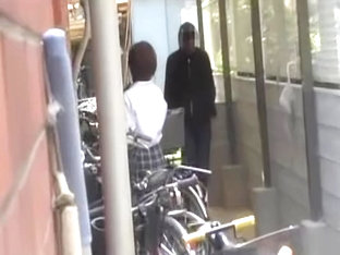 Blouse sharking attack with brown-haired Asian schoolgirl being surprised