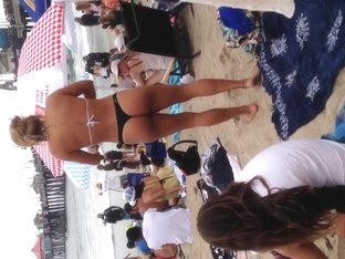 Blonde Black Thong On Beach