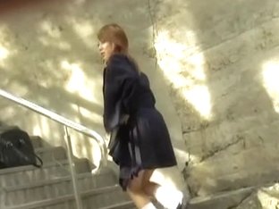 Japanese Schoolgirl Sharking On The Staircase Outdoors