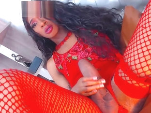 Pretty big dick latina shemale in Red pantyhose jerks off